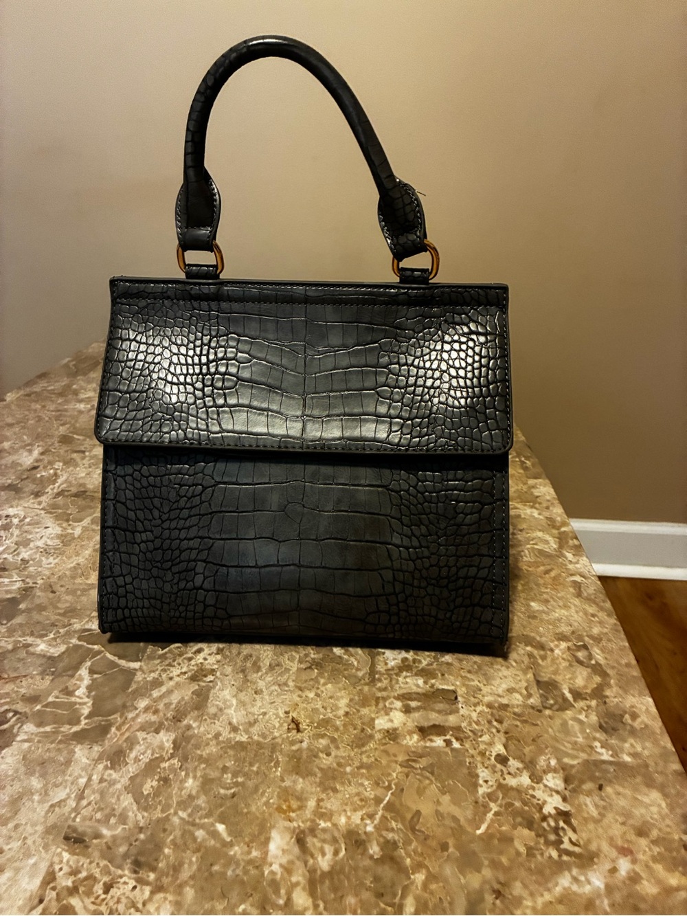 Structured Grey Croc-Embossed Top-Handle Lunch Box